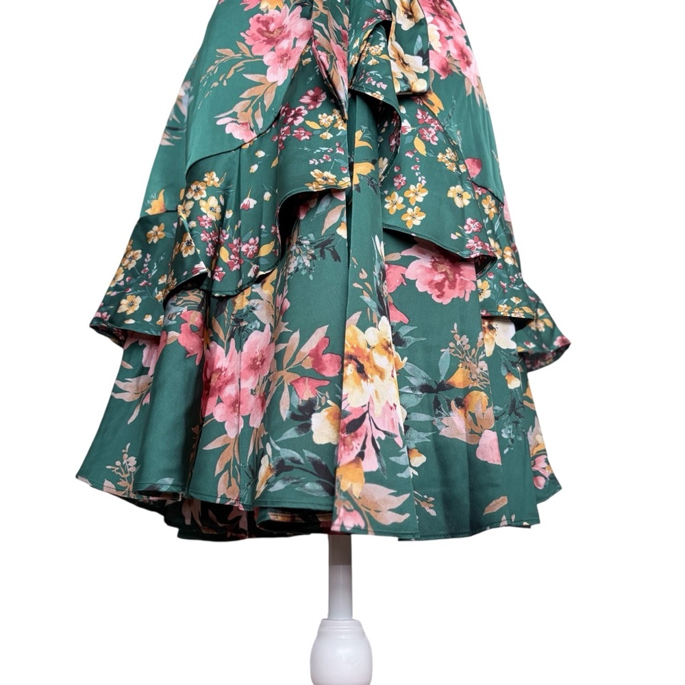 New Nikole Miller NY Floral Wrap Satin Midi Dress Ruffle Green Sz 8 Festival - Picture 6 of 9